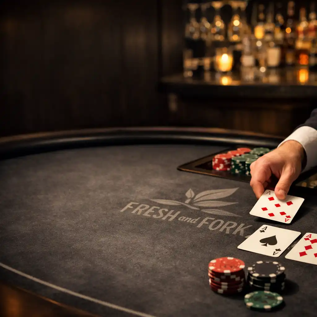 Blackjack table with cards and chips in a dimly lit restaurant corner