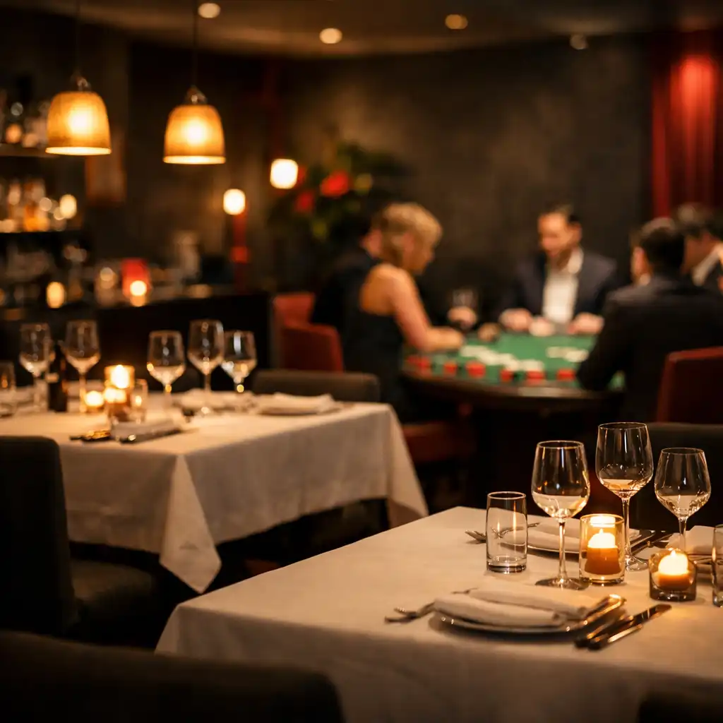 WAFFLE ADVERTISING LTD dining room transformed for a casino night, with a poker table in the background