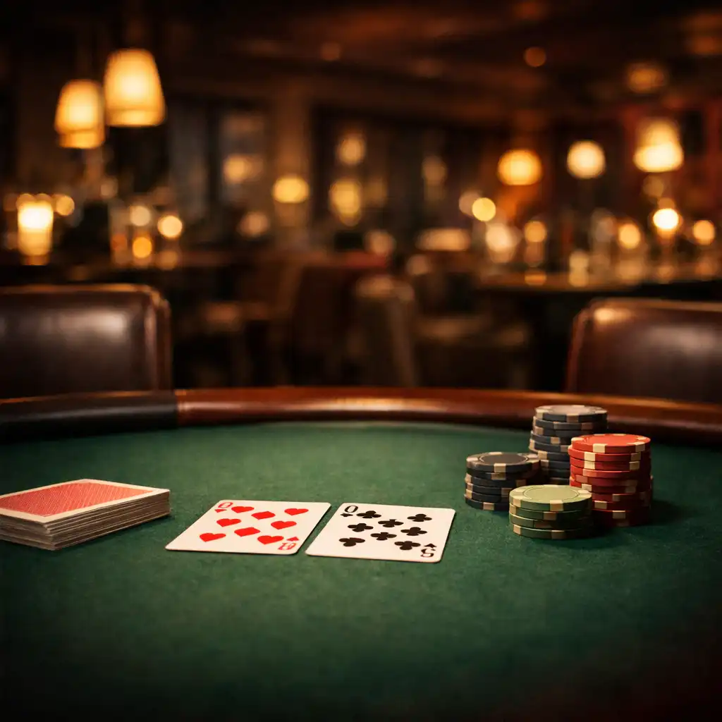 A sophisticated poker table with green felt, cards, and muted chips in a dimly lit restaurant setting