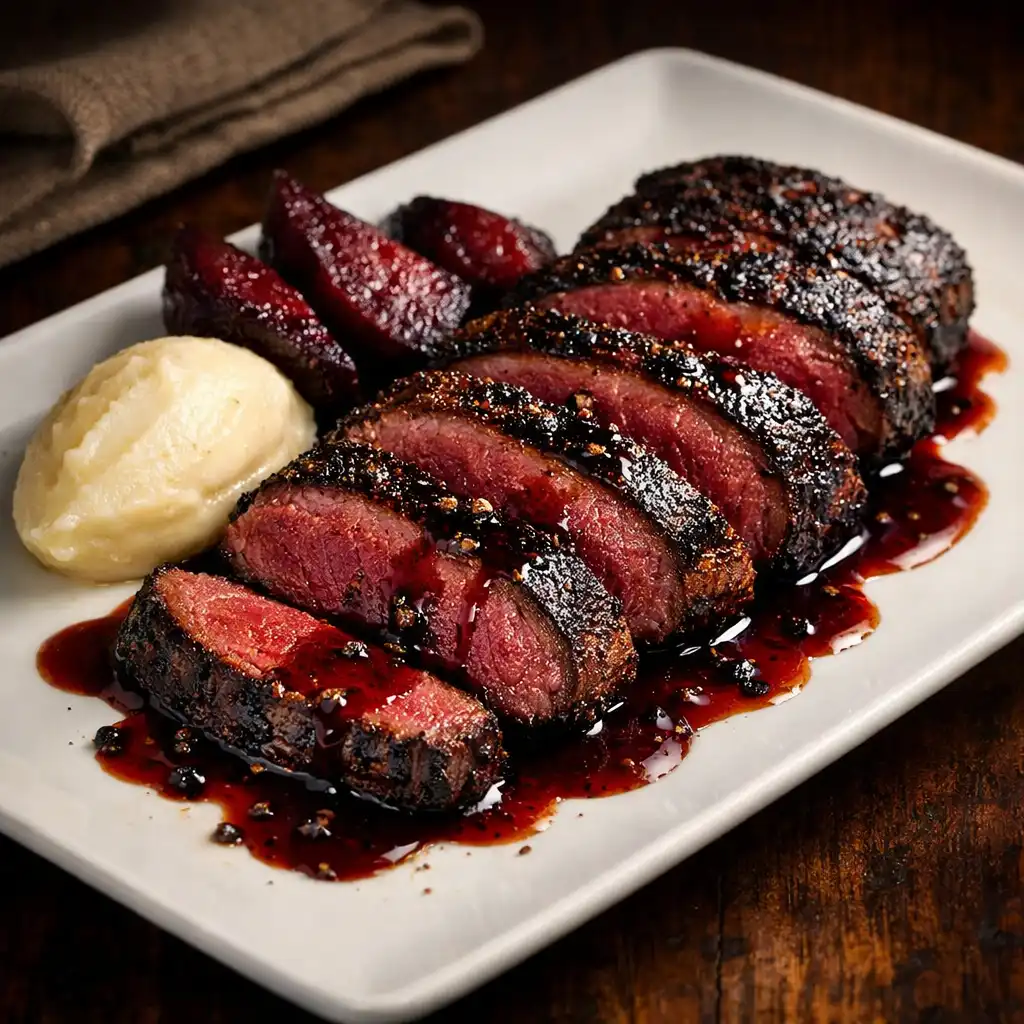 Charred kangaroo fillet slices with pepperberry jus, parsnip purée, and roasted beetroot on a white plate