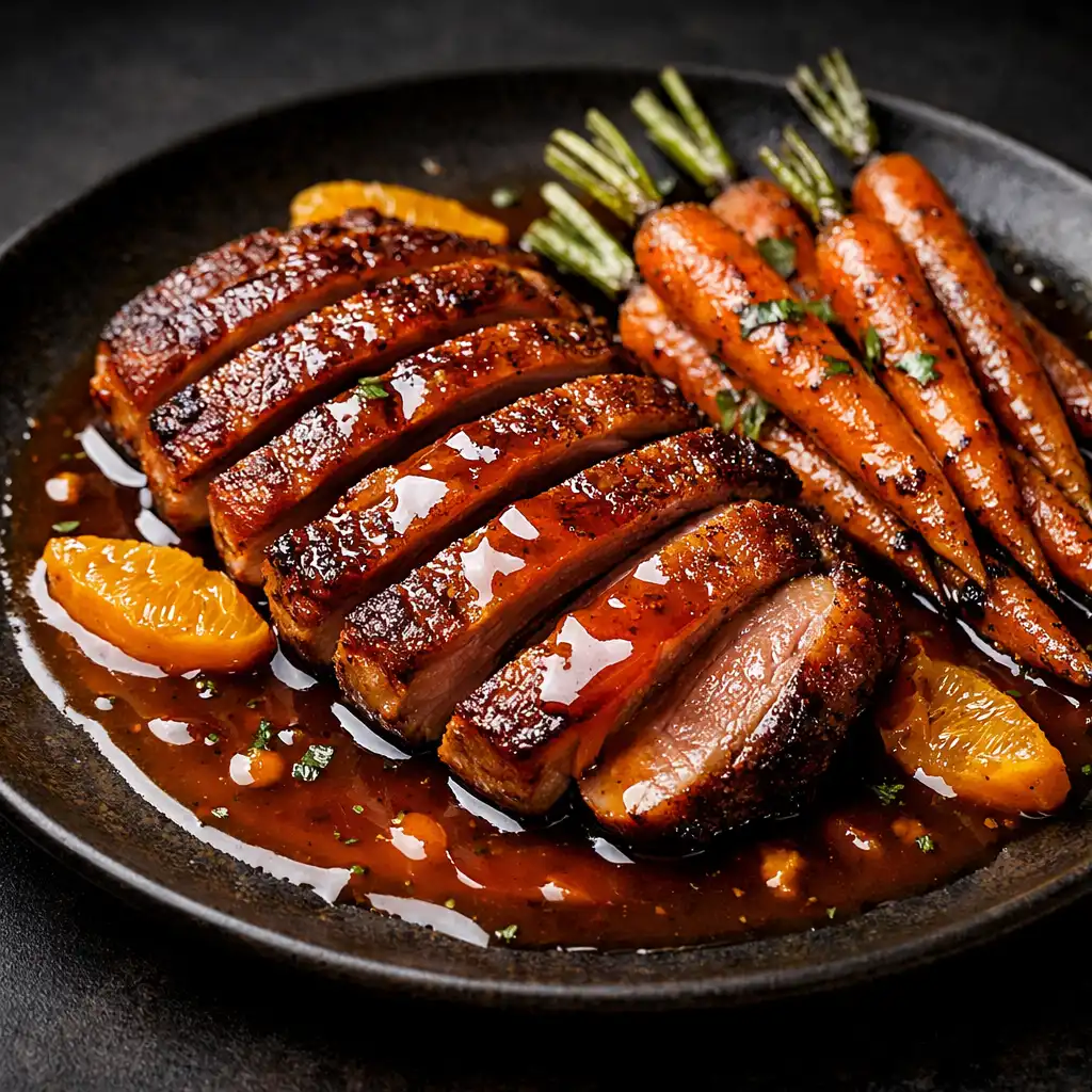 Twice-cooked duck breast with orange glaze and roasted baby carrots