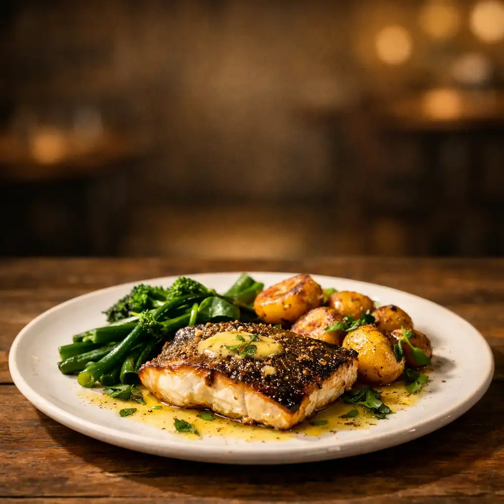 Seared barramundi with lemon myrtle butter, roasted baby potatoes, and seasonal greens on a rustic wooden table