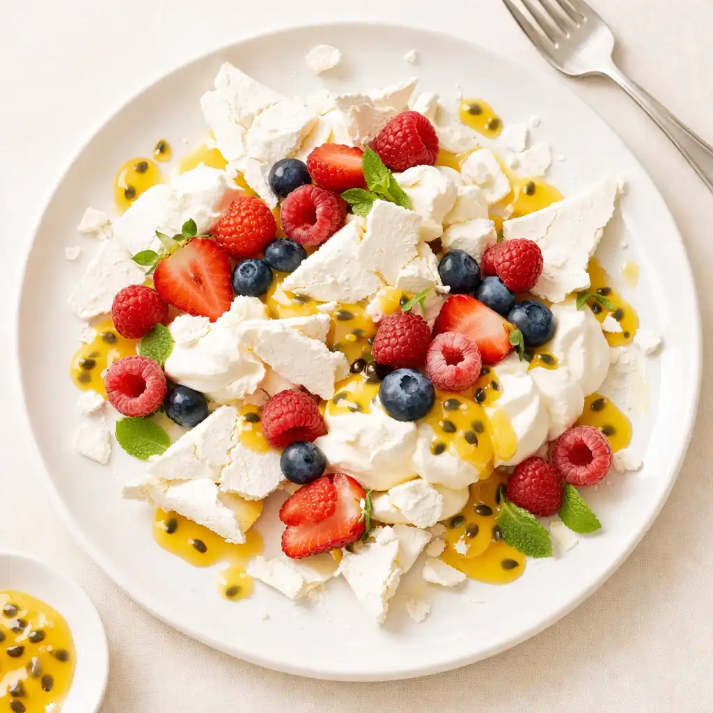 Deconstructed pavlova with meringue shards, passionfruit curd and fresh berries