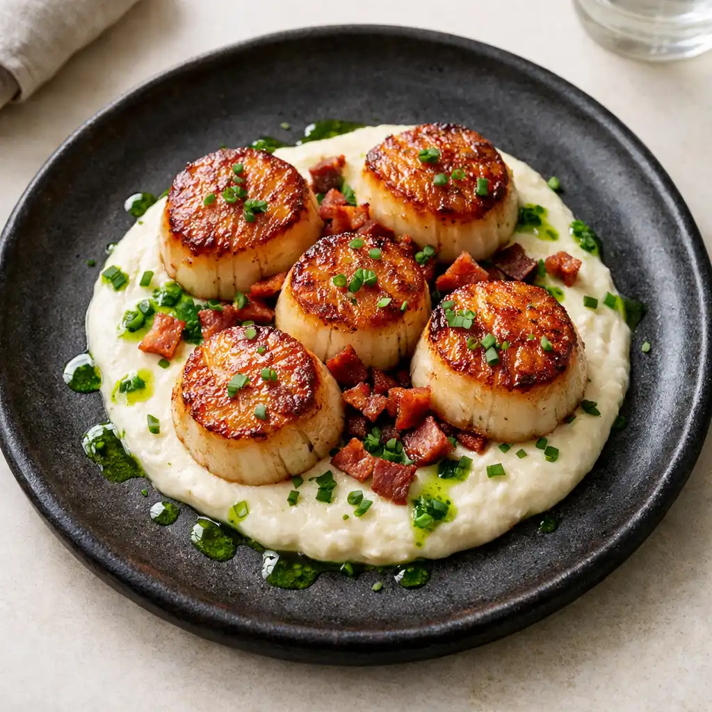 Seared scallops on cauliflower purée with crispy pancetta and chive oil