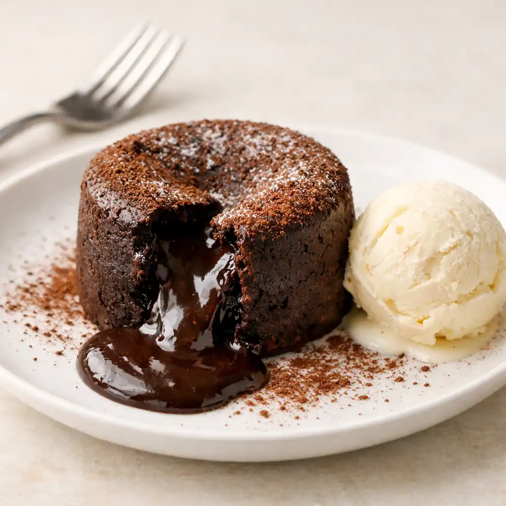 Dark chocolate fondant with molten centre and vanilla ice cream on a white plate