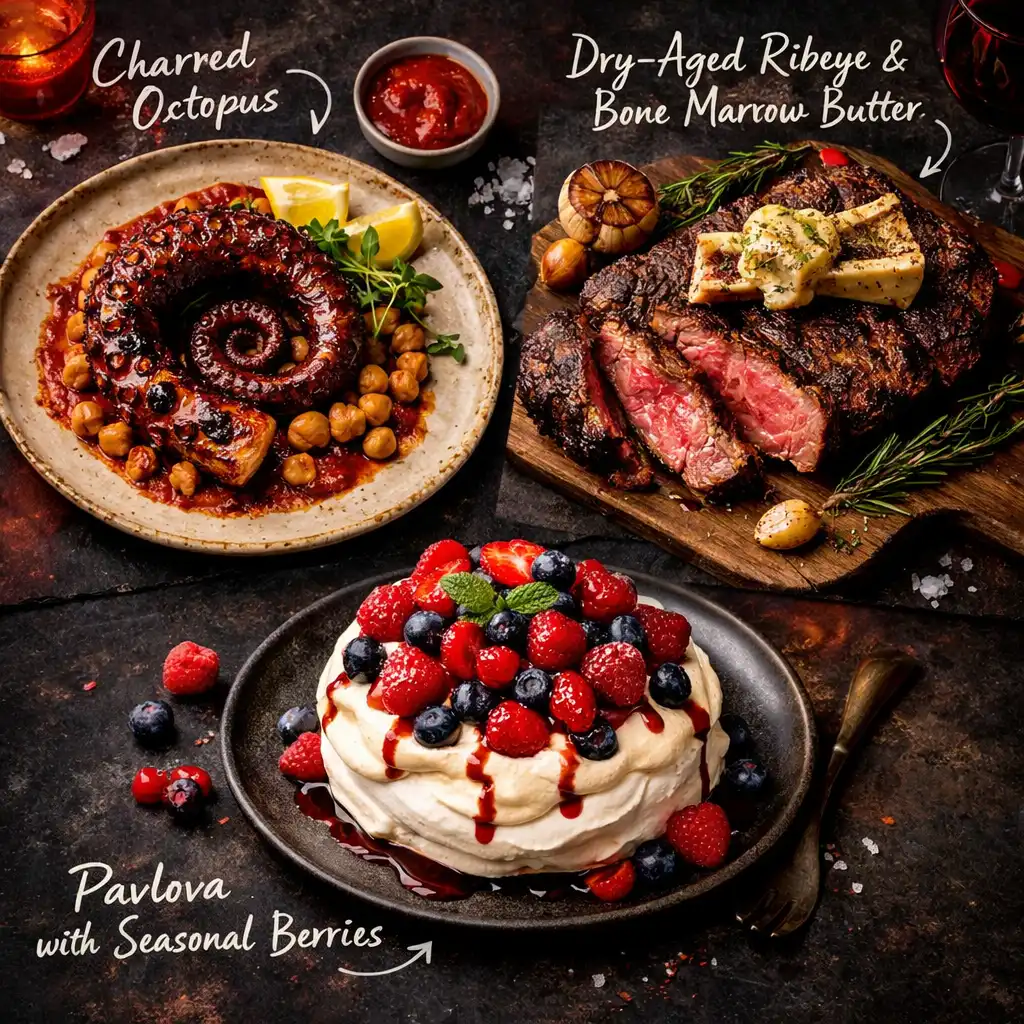 Collage of three signature dishes: charred octopus, dry-aged ribeye, and pavlova with berries