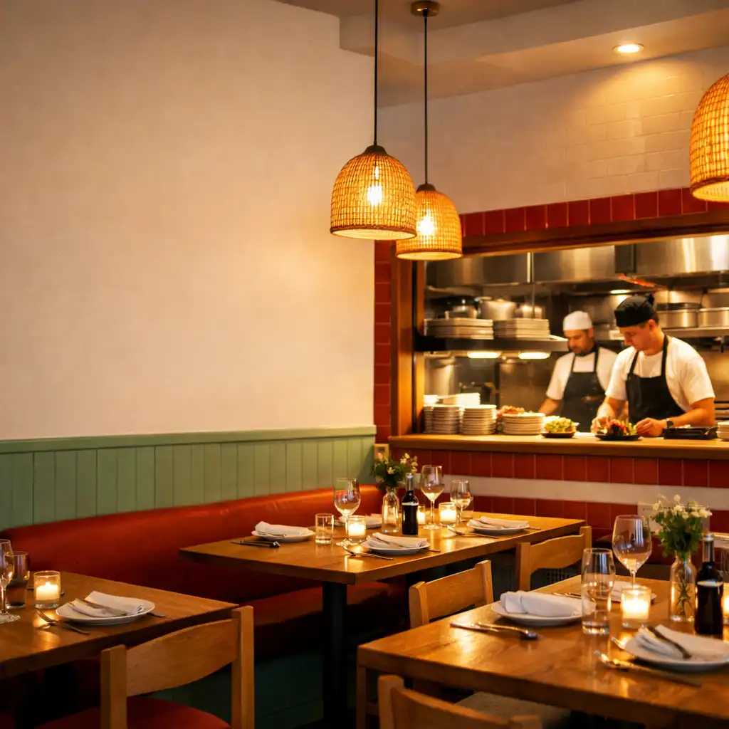 Warm dining room at WAFFLE ADVERTISING LTD with wooden tables, pendant lights, and an open kitchen in the background