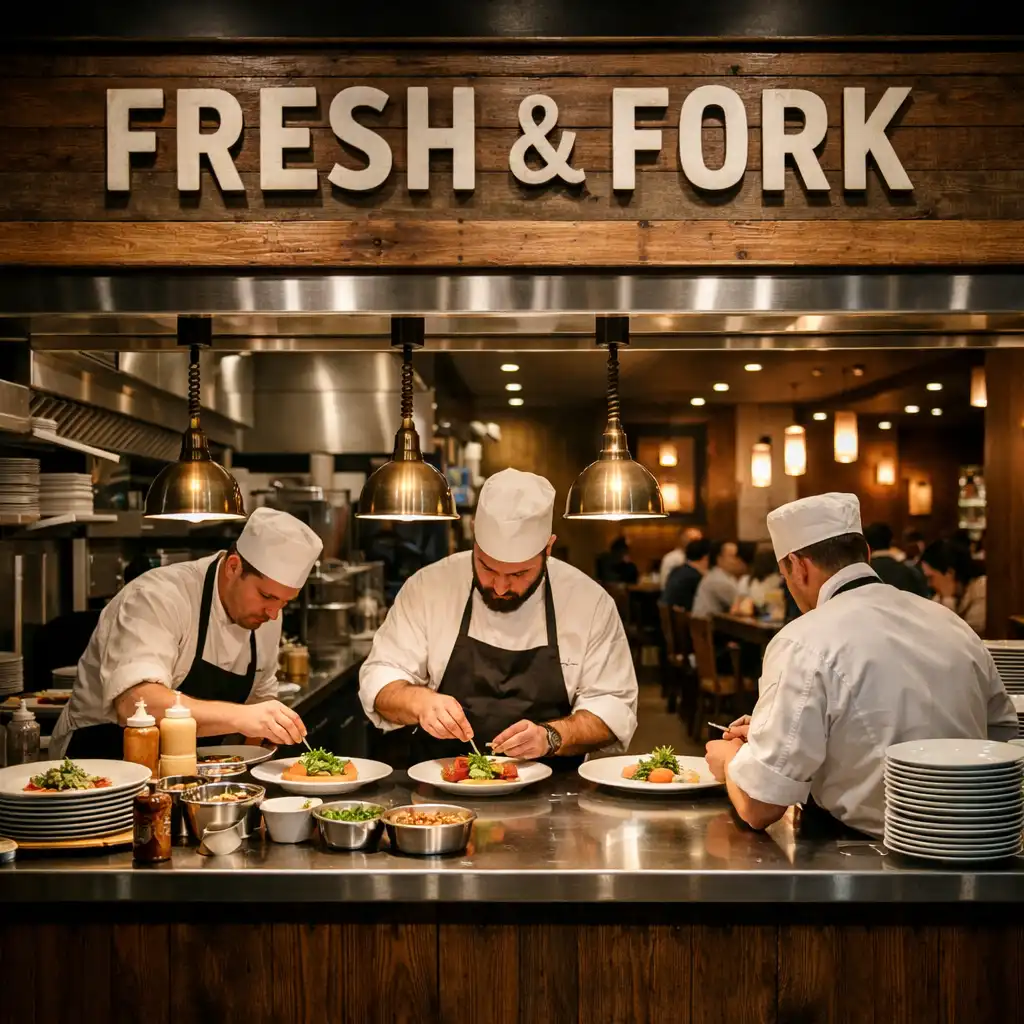 Interior of WAFFLE ADVERTISING LTD showing the open kitchen and pass window with chefs plating dishes