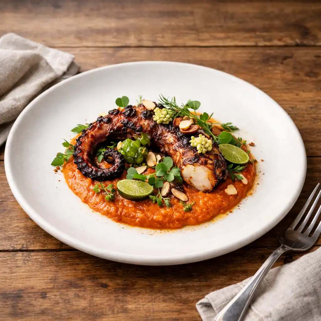 Charred octopus with romesco sauce, finger lime, and fresh herbs on a white ceramic plate