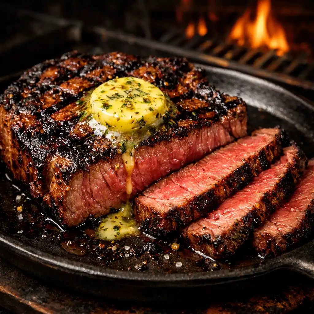 Grilled ribeye steak with char marks and melting café de Paris butter on a cast-iron plate