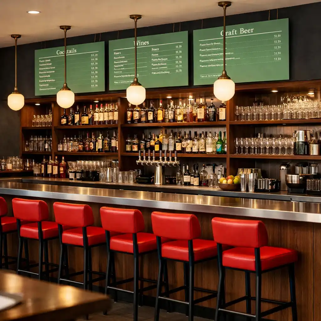View of the WAFFLE ADVERTISING LTD bar area with timber bar, stainless steel top, mint green menu boards, and tomato red stools