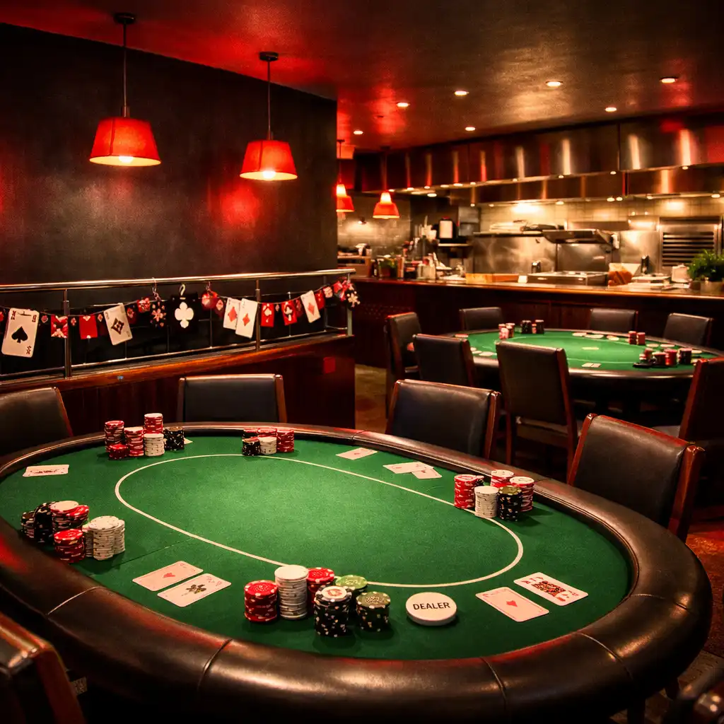 Dining room transformed for casino night with poker tables, dim red lighting, and playing cards on the rails