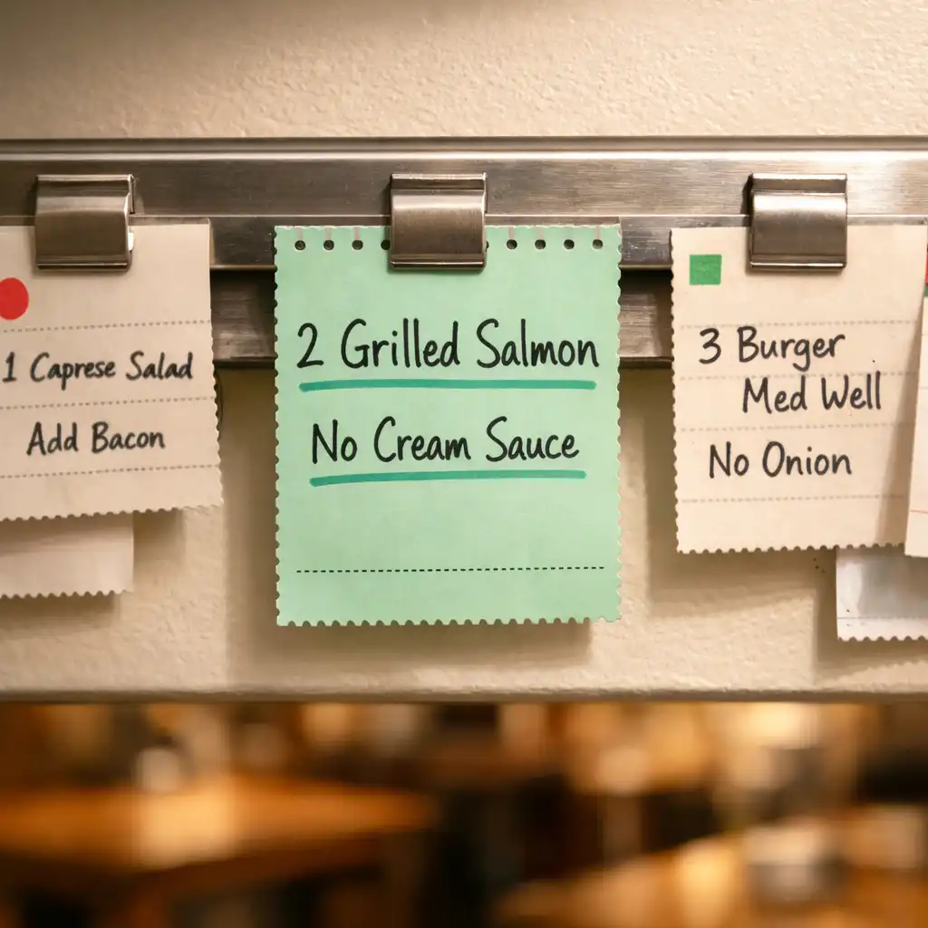Close-up of a stainless steel rail with clipped paper tickets and a mint green chef note