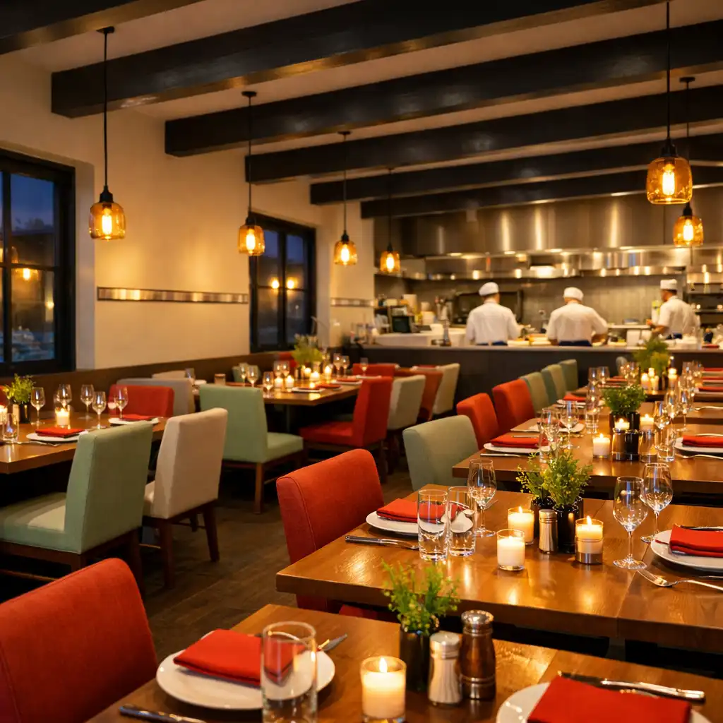 Wide shot of the WAFFLE ADVERTISING LTD dining room with timber tables, pendant lights, and the open kitchen in the background