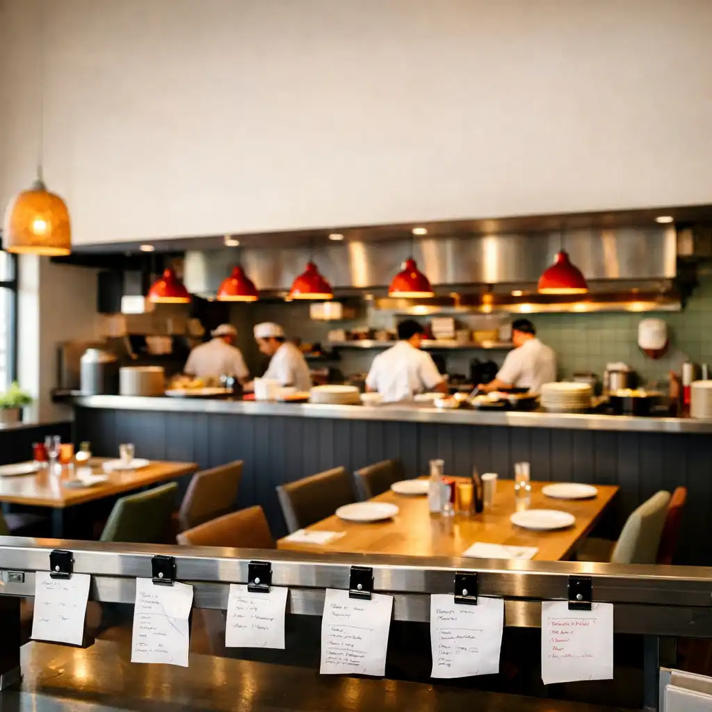 Wide-angle view of the WAFFLE ADVERTISING LTD dining room with stainless steel ticket rails and an open kitchen in the background