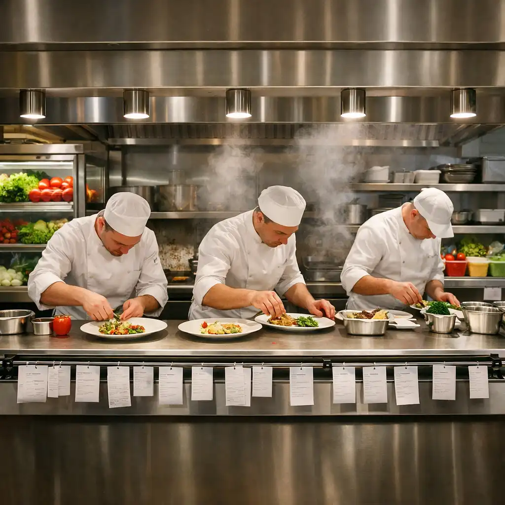 View of the open kitchen pass with stainless steel surfaces, ticket rails, and chefs plating dishes