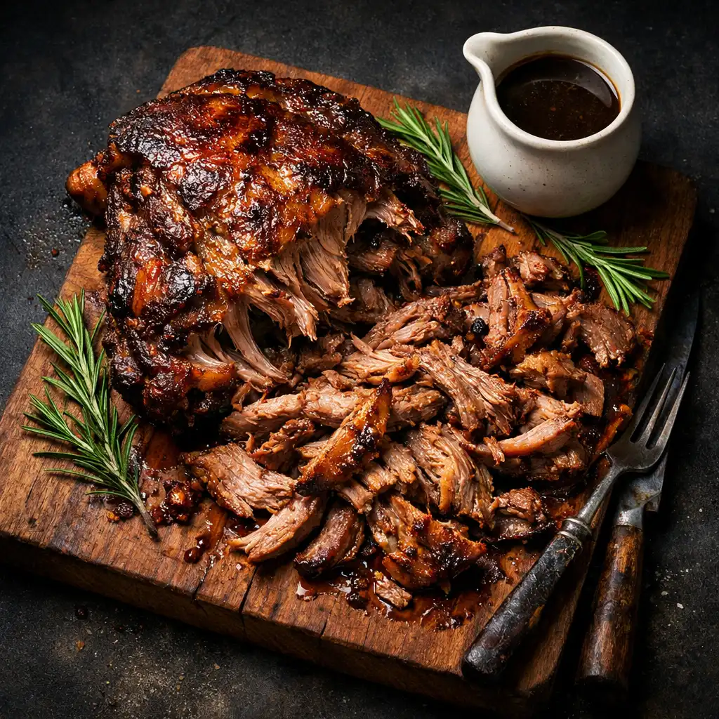Slow-cooked lamb shoulder pulled apart on a wooden board with rosemary and jus