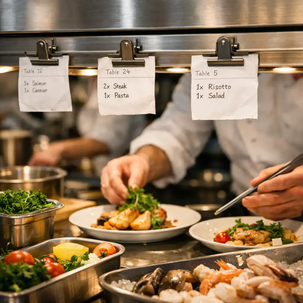 Open kitchen pass at WAFFLE ADVERTISING LTD with chefs plating dishes and ticket rails