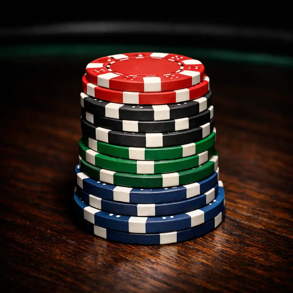 Stack of poker chips in various denominations on a dark wooden surface