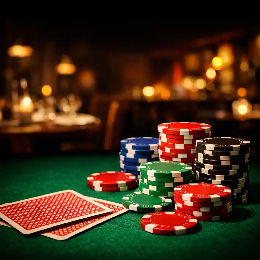 Close-up of poker chips and cards on green felt
