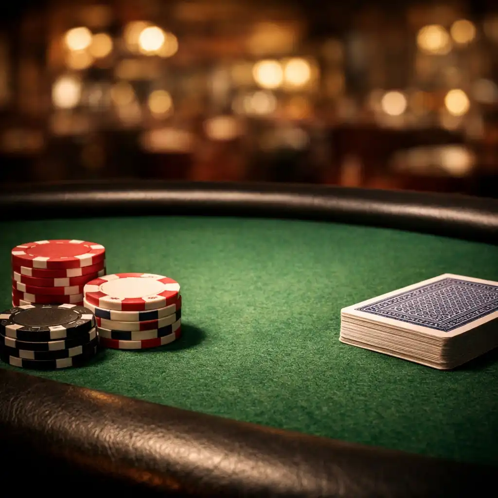 Close-up of a professional poker table with green felt, chips, and cards