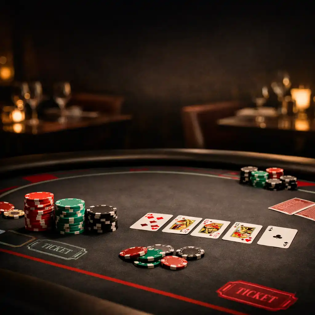 Physical poker table styled with charcoal felt, red and mint accents, and ticket motifs