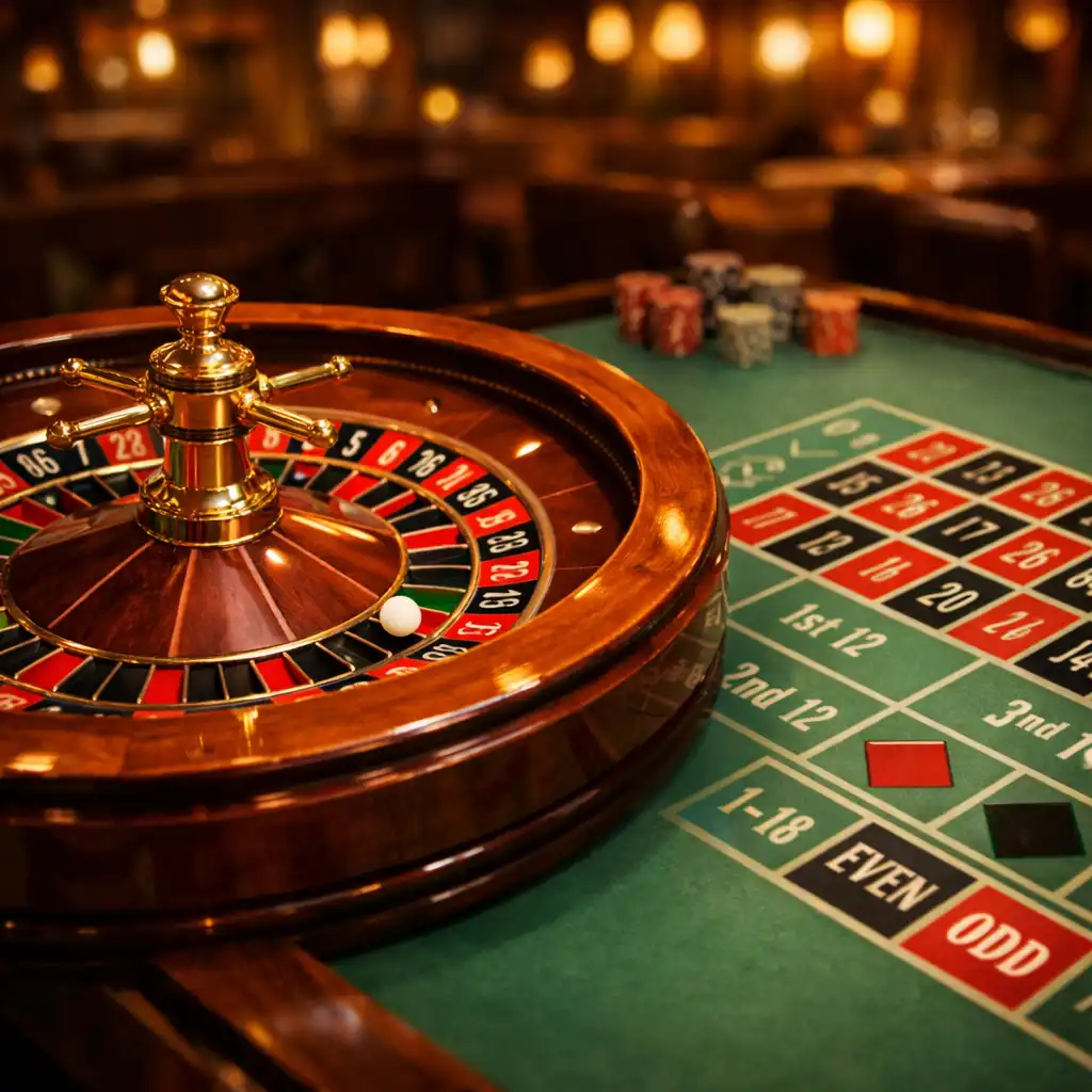 A polished timber roulette wheel with mint green felt layout at WAFFLE ADVERTISING LTD, lit by warm pendant lights