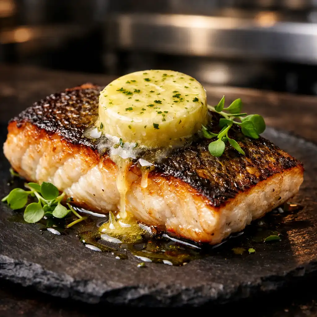 Seared barramundi with crispy skin, lemon myrtle butter, and microgreens on a dark slate plate