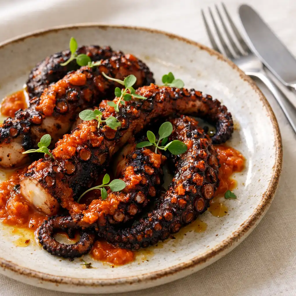 Charred octopus tentacles with romesco sauce and microgreens on a rustic plate
