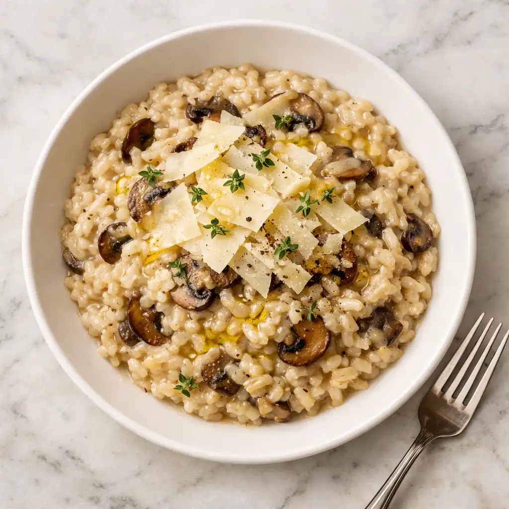 Truffle mushroom risotto with shaved aged parmesan and truffle oil in a shallow white bowl